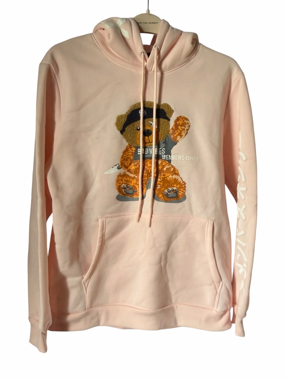 Baby Pink Teddy Bear Graphic Bad Vibes Only Hoodie Streetwear Comfortable Casual